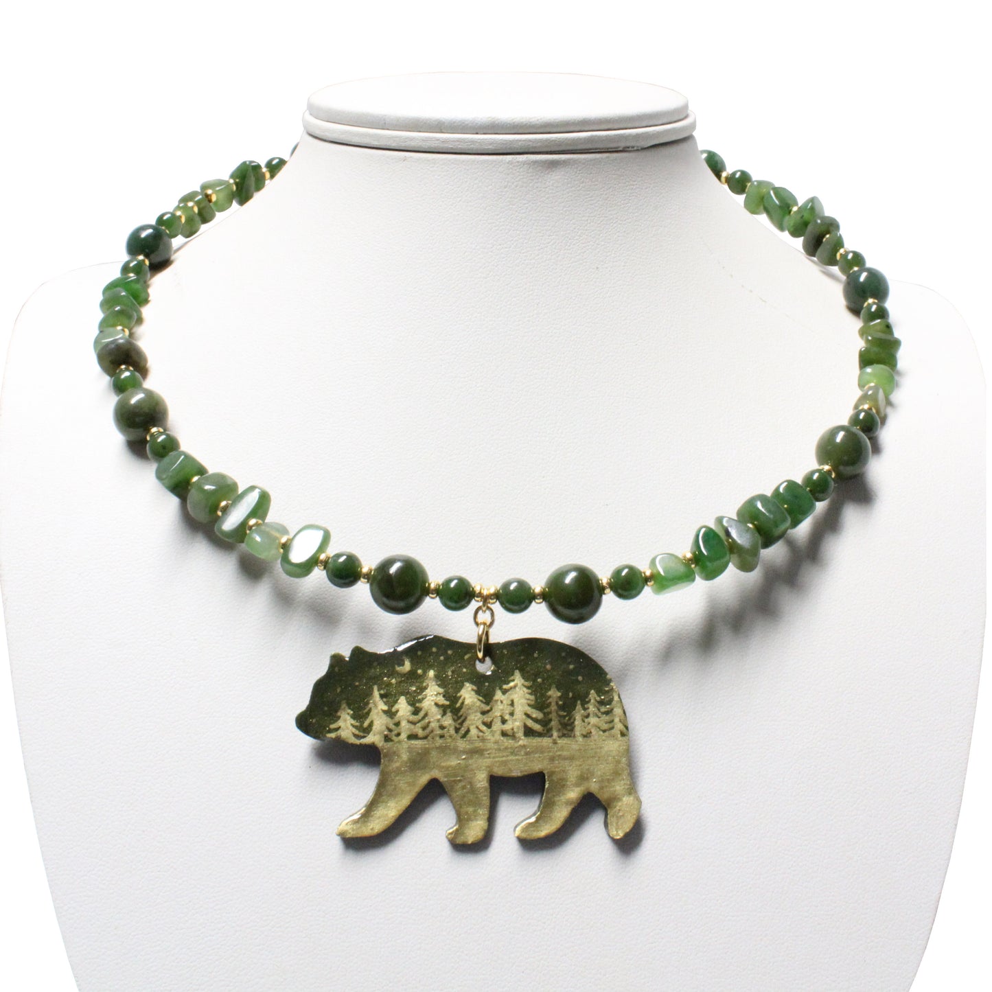 Artisan BC jade bear necklace with memory wire, nature-inspired jewelry