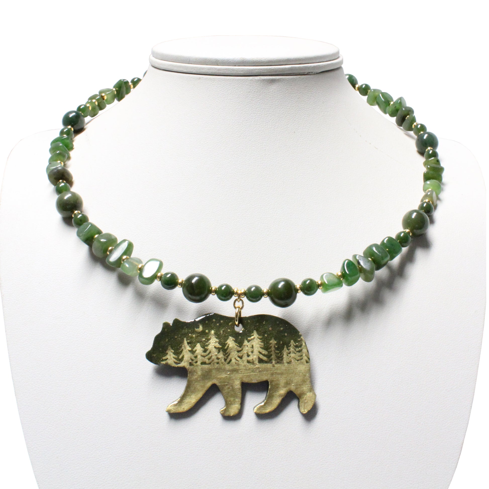 Artisan BC jade bear necklace with memory wire, nature-inspired jewelry