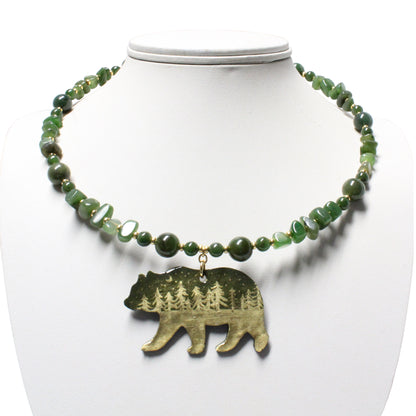 Artisan BC jade bear necklace with memory wire, nature-inspired jewelry