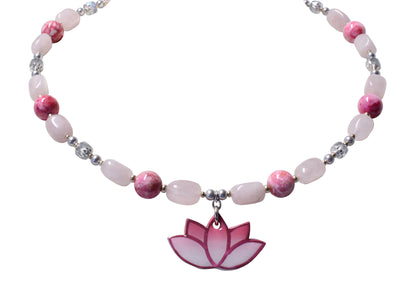Handmade lotus necklace with rose quartz and pink agate gemstone beads