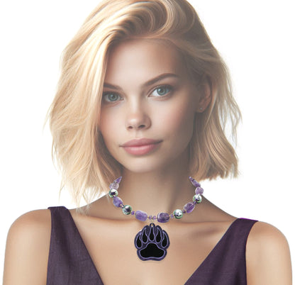 Purple Bear Paw Necklace / genuine amethyst / hand-painted pendant