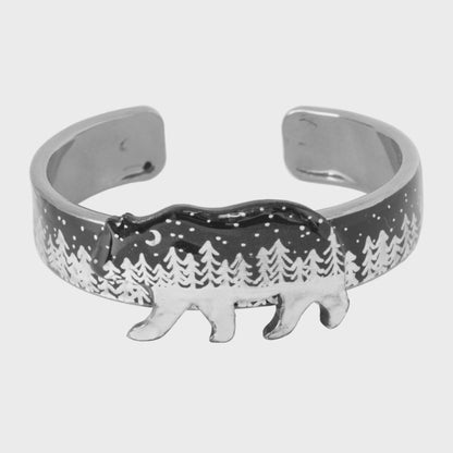 Night Forest Bear Cuff Bracelet / black and silver / up to a 7 inch wrist  size