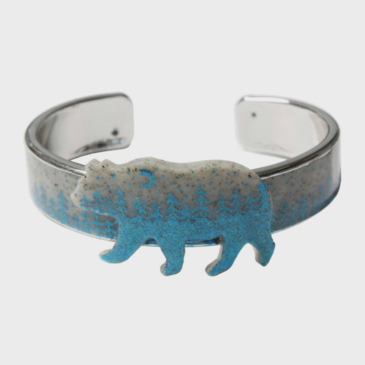 Night Forest Bear Cuff Bracelet / speckled grey with azure blue forest / up to a 7 inch wrist  size