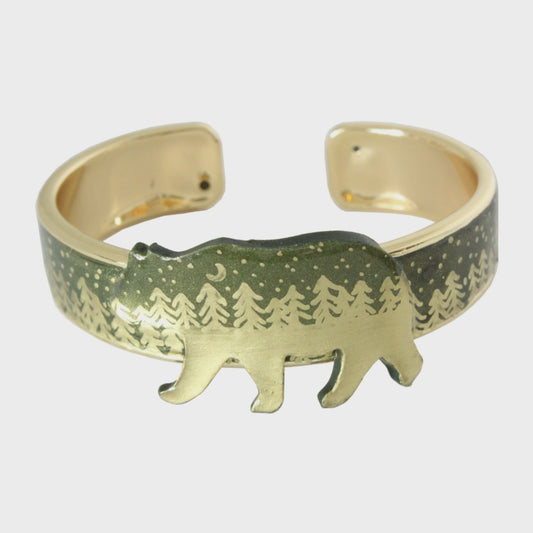 Night Forest Bear Cuff Bracelet / forest green and gold / up to a 7 inch wrist size