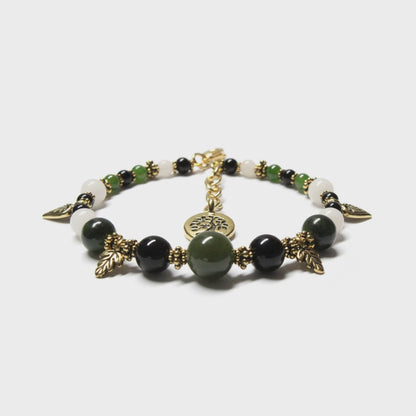 BC Jade Charm Bracelet / 6 to 7.5 Inch wrist size / gold pewter charms with extender chain