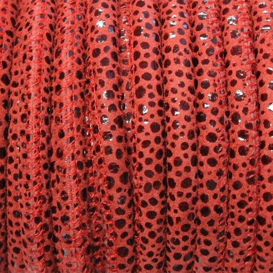 5mm RED PEBBLE Print Stitched Suede Round Leather Cord / sold by the meter / Leather Cord USA