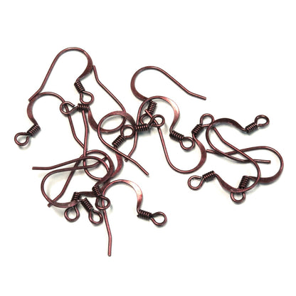Antique Copper Hook Earwires / 10 pcs (5 pairs) / flat back with coil / open loop for adding charms or pendants
