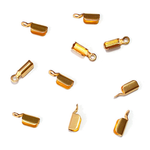Bright Gold Leather Crimp Ends / 10 Pack / 3 x 11mm with 1.5mm eye