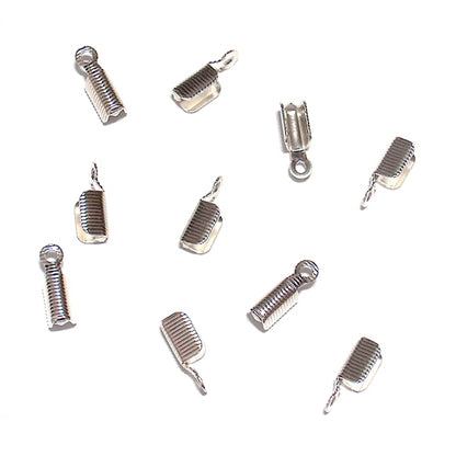 Bright Silver Leather Crimp Ends / 10 Pack / 3 x 11mm with 1.5mm eye
