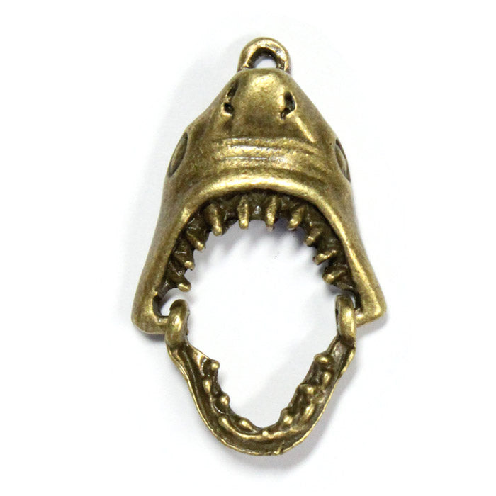 30mm Open-Mouthed Shark Head Charm / zinc alloy with antique bronze finish / with movable hinged jaw