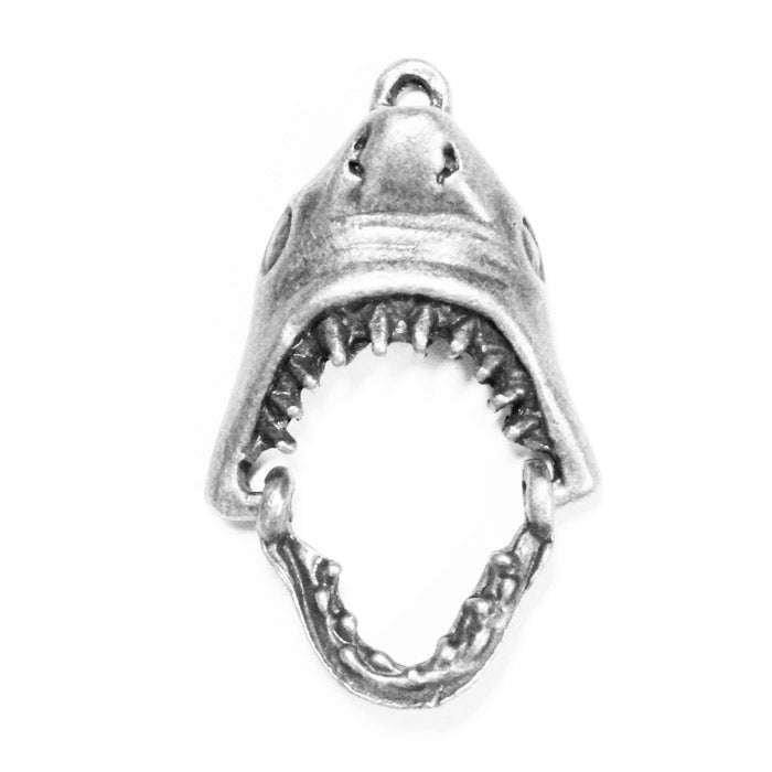 30mm Open-Mouthed Shark Head Charm / zinc alloy with antique silver finish / with movable hinged jaw