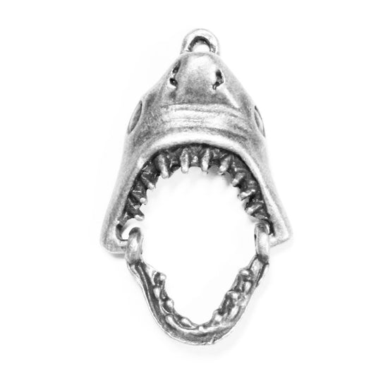 30mm Open-Mouthed Shark Head Charm / zinc alloy with antique silver finish / with movable hinged jaw