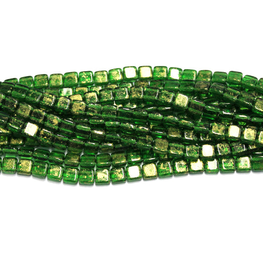 6mm Gold Marbled - Green Emerald / 2 Hole CzechMates Tile Beads / 50 Bead Strand