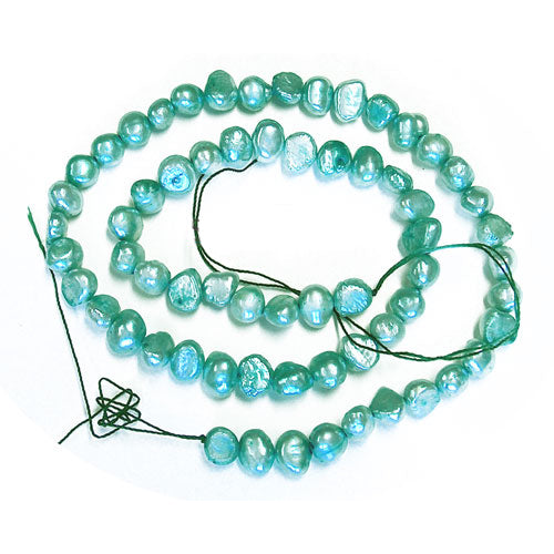 TURQUOISE GREEN Pearl Beads / 16 Inch Strand / 6-7mm freshwater / irregular shaped (flat one side) pearls