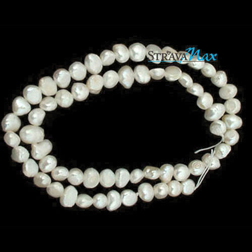 WHITE Pearl Beads / 16 Inch Strand / 6-7mm freshwater / irregular shaped (flat one side) pearls