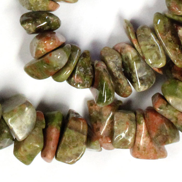 Unakite Chip Beads / 16 Inch strand / 8-12mm chunky chips / natural opaque glossy polished stone