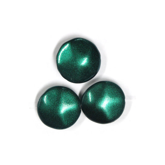20mm Metallic Green Glass Coin Beads / 9 Bead Pack / irregular round puffed shape bead / Czech glass