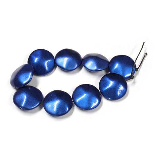 METALLIC BLUE Glass Coin Beads / 9 Bead Strand