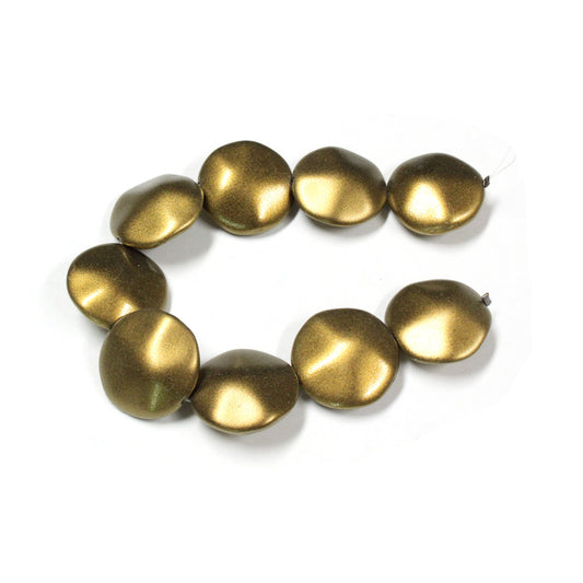 20mm Metallic Gold Glass Coin Beads / 9 Bead Pack / irregular round puffed shape bead / Czech glass