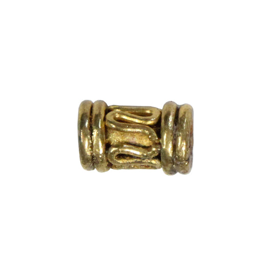 Patterned Tube Cylinder Bead Antique Brass / 9mm long x 6mm diameter / with a wire-like curved adornment around the center