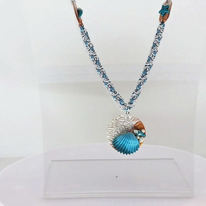 Beach Chainmail Necklace with shell pendant / 23 Inch length / leather cord and chainmail