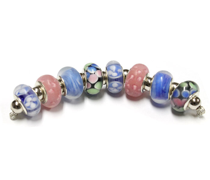 Pink Blue Blend Lampwork Beads / 8 bead strand / 4.5mm ID / 9x13mm rondelle with a silver core