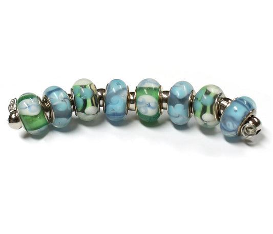 Blue Green Petals Lampwork Beads / 8 bead strand / 4.5mm ID / 9x13mm rondelle with a silver core