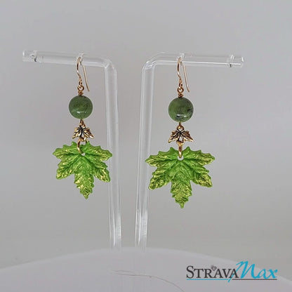 Spring Green Maple Leaf Charm Earrings / gold filled hook earwires