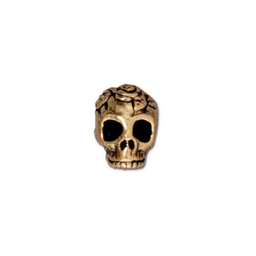 TierraCast Rose Skull Bead / pewter with antique gold finish