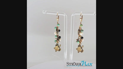 Cascade Earrings / 65mm length / genuine turquoise gemstones with sea turtle charms / gold filled shell leverback earwires