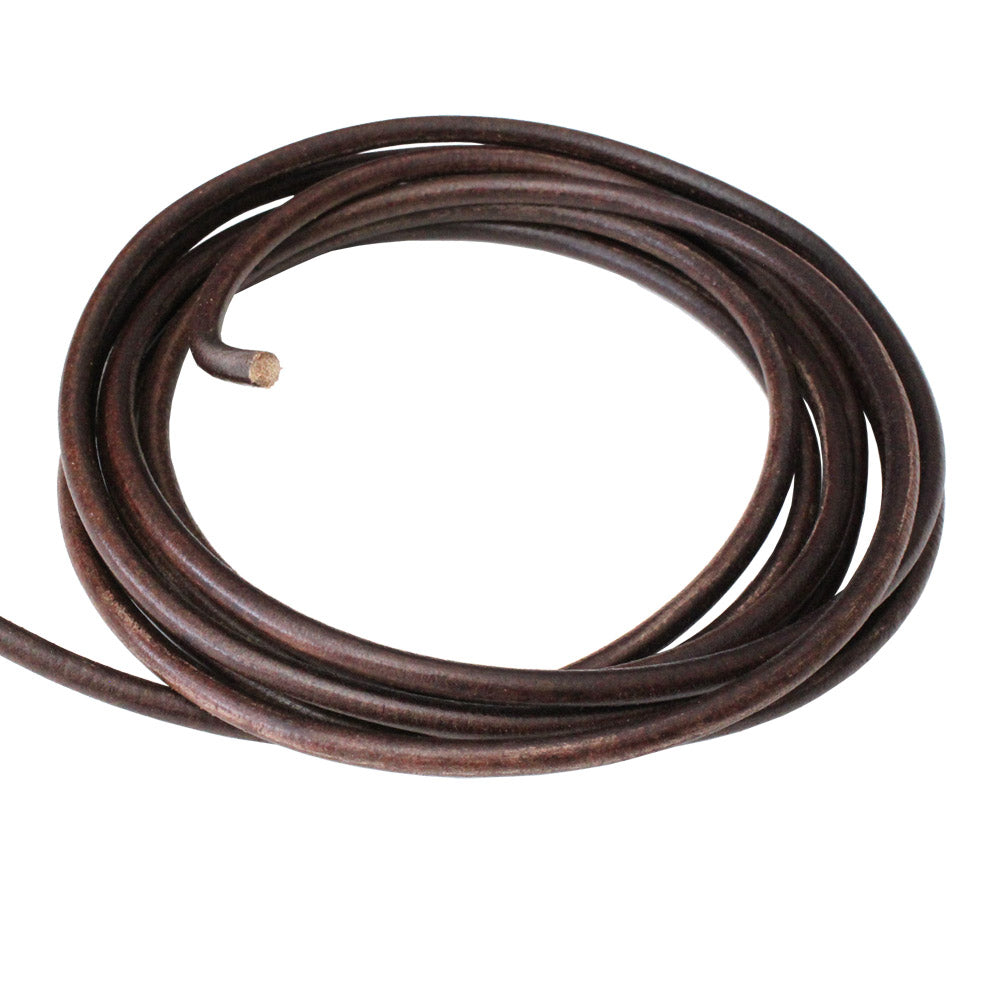 DISTRESSED BROWN 5mm Round Euro Leather Cord / sold by the meter / rope for craft or jewelry making, make cord bracelets or necklaces