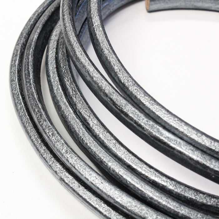 METALLIC SILVER BLACK Regaliz 10 x 6mm Leather Cord / sold by the foot / jewelry leather for bracelets