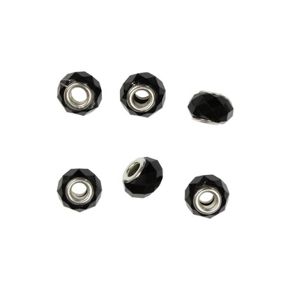 Jet Black Faceted Rondelle Bead / 6 Pack / Large Hole 4.5mm ID / Silver Plated Grommet
