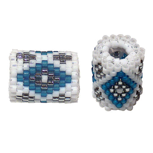 15x11mm Blue Matte and Silver Diamonds on White Peyote Stitch Tube Bead