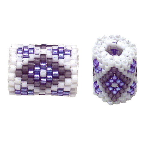 15x11mm Purple Diamonds on White Peyote Stitch Tube Bead