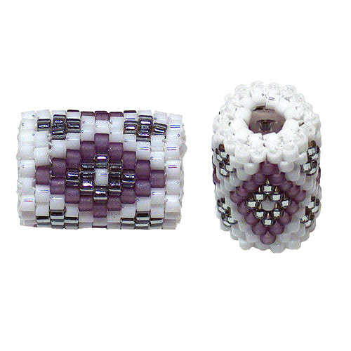 15x11mm Purple Matte and Silver Diamonds on White Peyote Stitch Tube Bead
