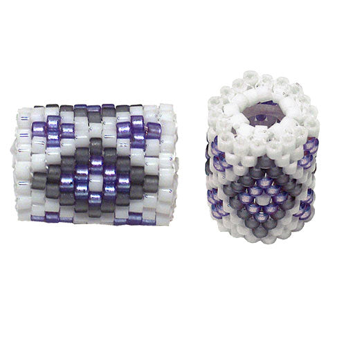 15x11mm Grey and Purple Diamonds on White Peyote Stitch Tube Bead