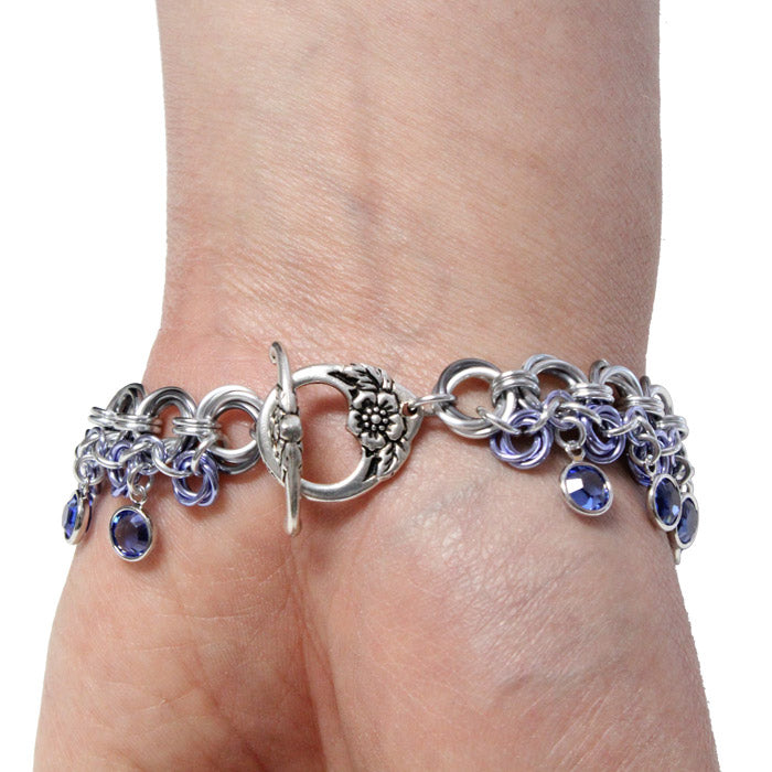 Flowers in Bloom Chainmail Bracelet / 6.5 to 7 Inch wrist size / anodized aluminum jump rings / pewter clasp