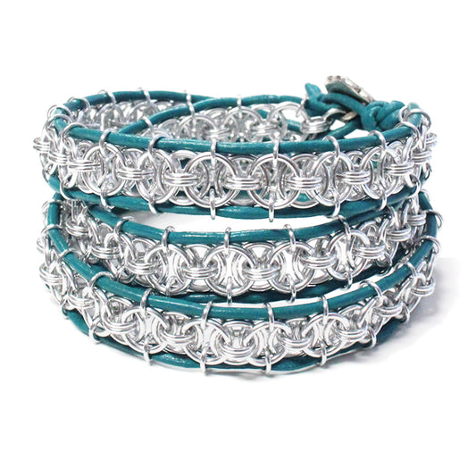 Triple Wrap-sody Bracelet (silver & turquoise) / 6.5 to 7 Inch wrist size / anodized aluminum chainmail / leather cord