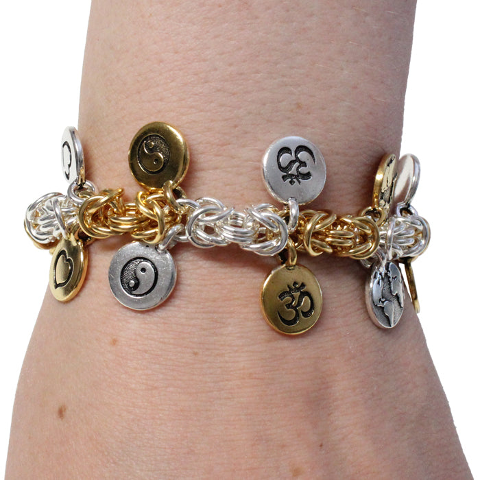 Charms In Harmony Chainmail Bracelet / 6-1/2 to 7 Inch wrist / features 12 charms with om, yin yang, heart, tree, lotus, earth symbols