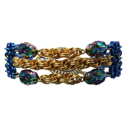 Queen of the Nile Chainmail Bracelet / 6.5 to 7 Inch wrist size / crystal scarab beetles / gold and blue / pewter toggle clasp