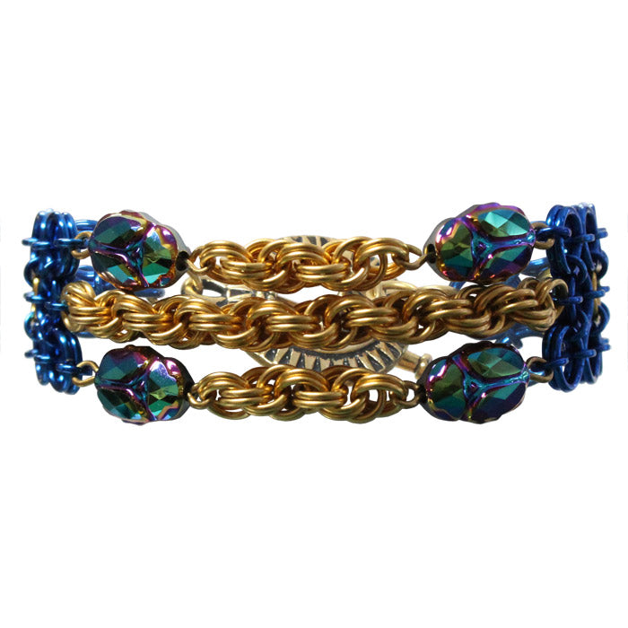 Queen of the Nile Chainmail Bracelet / 6.5 to 7 Inch wrist size / crystal scarab beetles / gold and blue / pewter toggle clasp