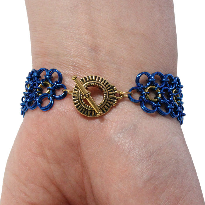 Queen of the Nile Chainmail Bracelet / 6.5 to 7 Inch wrist size / crystal scarab beetles / gold and blue / pewter toggle clasp