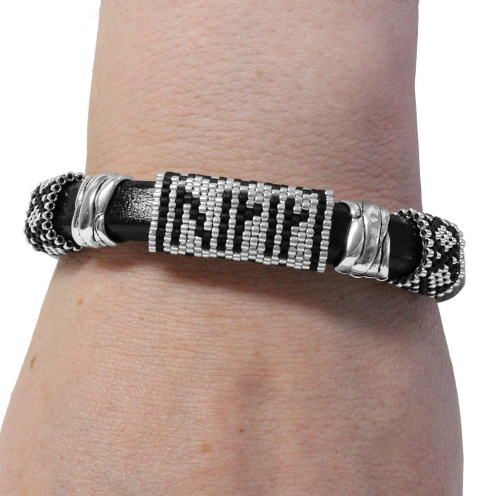 Viking Runes Bracelet / fits best on a 6.5 to 7 Inch wrist / black and silver / handmade peyote stitch sliders / 10 x 6mm leather cord