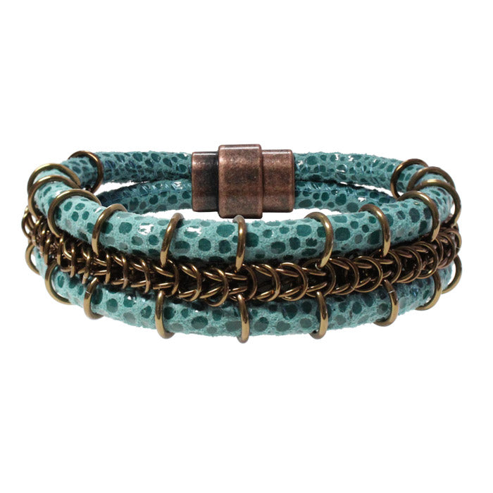Cord-ially Yours Bracelet (turquoise & bronze) / 6.5 to 7 Inch wrist size / anodized aluminum chainmail / suede leather cord / magnetic clasp