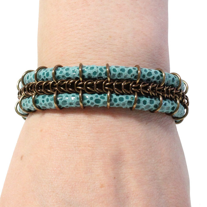 Cord-ially Yours Bracelet (turquoise & bronze) / 6.5 to 7 Inch wrist size / anodized aluminum chainmail / suede leather cord / magnetic clasp