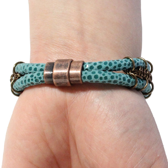 Cord-ially Yours Bracelet (turquoise & bronze) / 6.5 to 7 Inch wrist size / anodized aluminum chainmail / suede leather cord / magnetic clasp