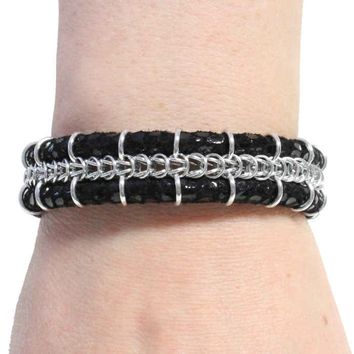 Cord-ially Yours Bracelet (black & silver) / 6.5 to 7 Inch wrist size / anodized aluminum chainmail / suede leather cord / magnetic clasp