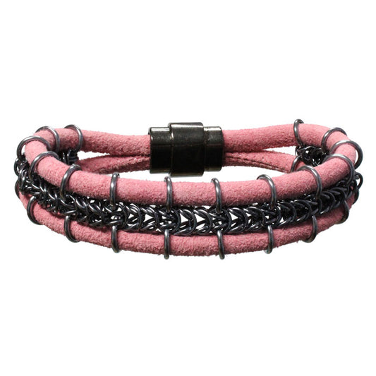 Cord-ially Yours Bracelet (pink & black) / 6.5 to 7 Inch wrist size / anodized aluminum chainmail / suede leather cord / magnetic clasp