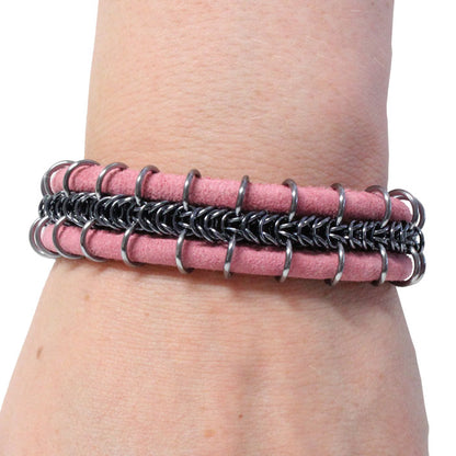 Cord-ially Yours Bracelet (pink & black) / 6.5 to 7 Inch wrist size / anodized aluminum chainmail / suede leather cord / magnetic clasp